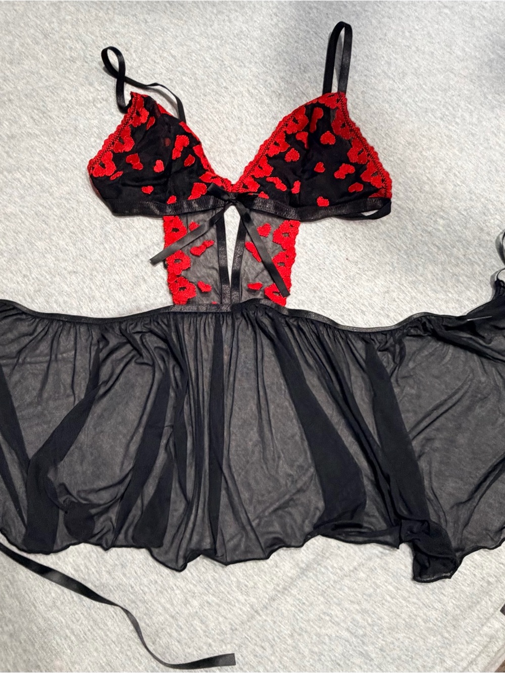 Black Sheer Babydoll Chemise with Red Floral Lace Detail
